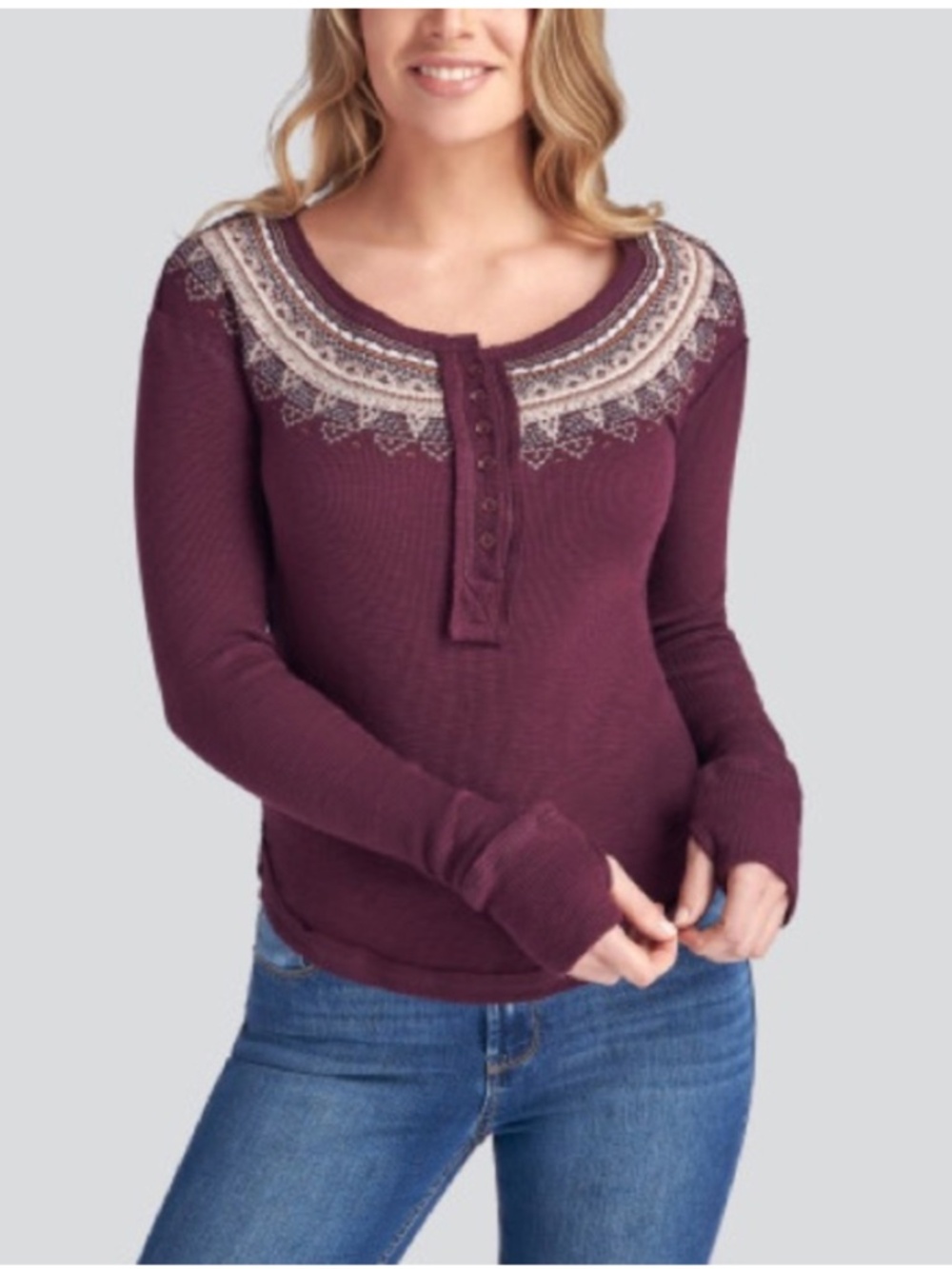 Free People We The Free Fair Isle Embroidered Thermal Henley Purple Size Small